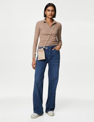 M&S Women's Cotton Rich Ribbed Half Zip Top - 16 - Natural Beige, Natural Beige,Black