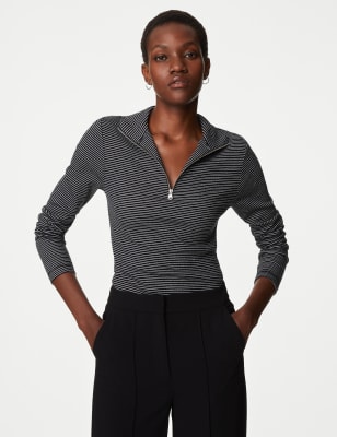 

Womens M&S Collection Cotton Rich Striped Half Zip Top - Black Mix, Black Mix