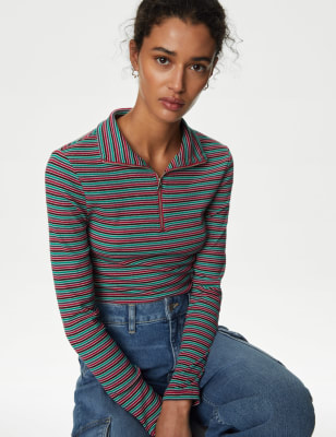 Cotton Rich Striped Half Zip Top | M&S Collection | M&S