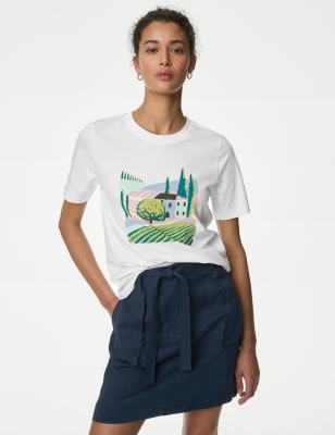 

Womens M&S Collection Gemustertes T-Shirt aus reiner Baumwolle mit Schriftzug - Navy Mix, Navy Mix