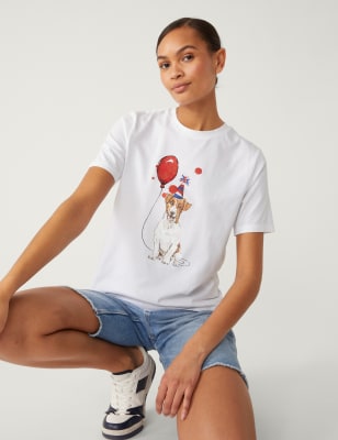 

Womens M&S Collection T-Shirt aus reiner Baumwolle mit Krönungsmotiv für Damen - White Mix, White Mix