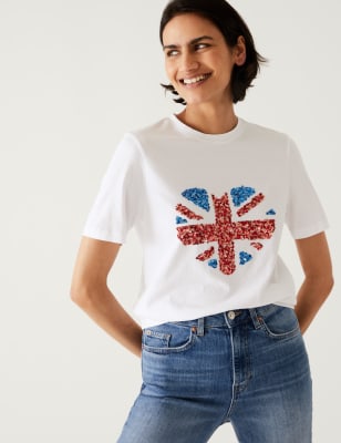 

Womens M&S Collection Women's Pure Cotton Coronation T-Shirt - White/Red, White/Red