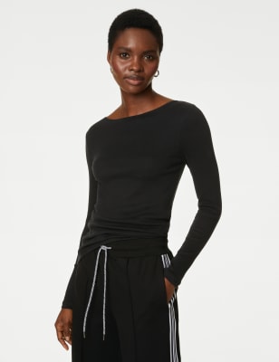 

Womens M&S Collection Cotton Rich Ribbed Slim Fit Top - Black, Black
