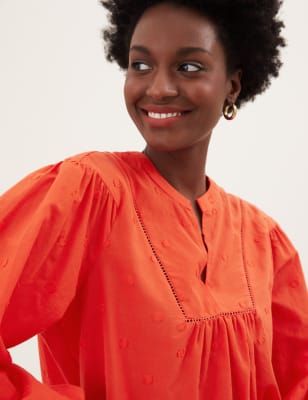 

Womens M&S Collection Bluse aus reiner Baumwolle mit Blousonärmeln und V-Ausschnitt - Orange, Orange