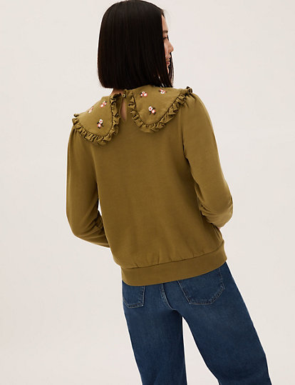 Pure Cotton Embroidered Collared Sweatshirt