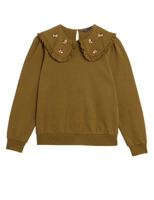 

Womens M&S Collection Pure Cotton Embroidered Collared Sweatshirt - Moss, Moss