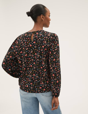 

M&S Collection Top 100% algodón de manga larga estampadoWomens - Black Mix, Black Mix