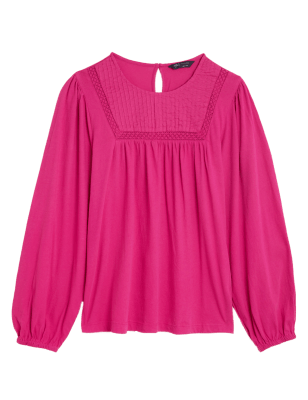 

M&S Collection Top de manga larga con postizo de encaje 100% algodónWomens - Cerise, Cerise