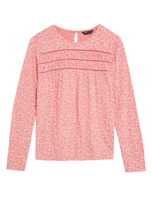 

M&S Collection Top 100% algodón de manga larga estampadoWomens - Coral Mix, Coral Mix