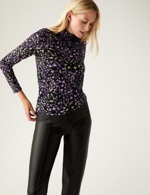 

Womens M&S Collection Printed Funnel Neck Relaxed Top - Black Mix, Black Mix