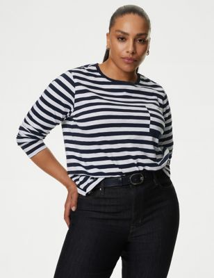 M&S Womens Pure Cotton Striped Pocket T-Shirt - 6 - Navy Mix, Navy Mix