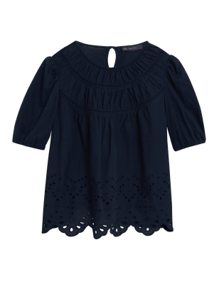 

M&S Collection Top 100% algodón de manga corta con bordadoWomens - Navy, Navy