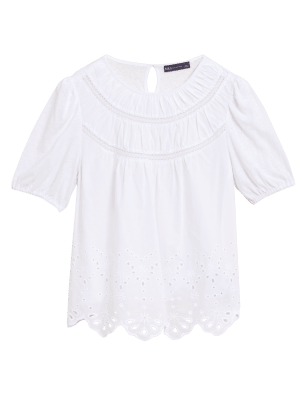 

Womens M&S Collection Pure Cotton Broderie Short Sleeve Top - Soft White, Soft White