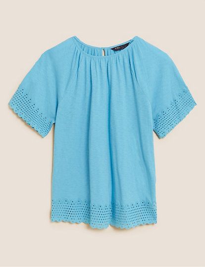 Pure Cotton Broderie Detail Crew Neck Top