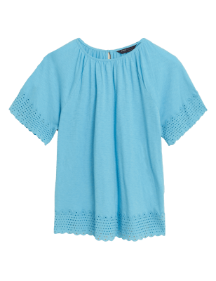 

Womens M&S Collection Pure Cotton Broderie Detail Crew Neck Top - Medium Turquoise, Medium Turquoise