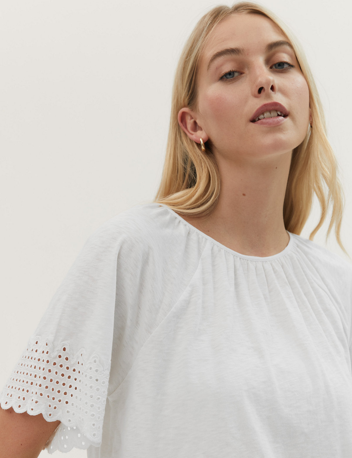 Pure Cotton Broderie Detail Crew Neck Top