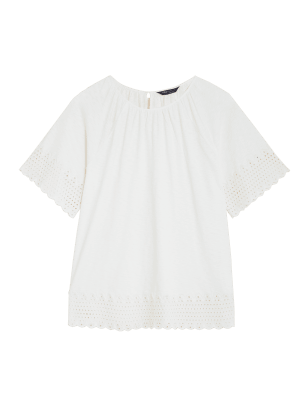 

Womens M&S Collection Pure Cotton Broderie Detail Crew Neck Top - Ivory, Ivory