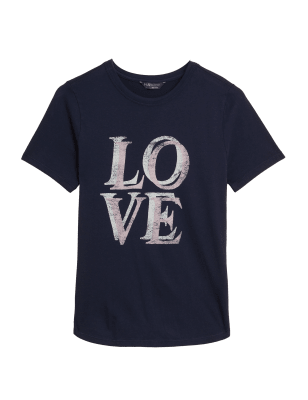 

Womens M&S Collection Cotton Rich Slogan Crew Neck T-Shirt - Navy, Navy