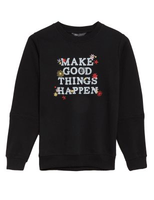 

M&S Collection Sudadera de algodón de manga larga con textoWomens - Black, Black