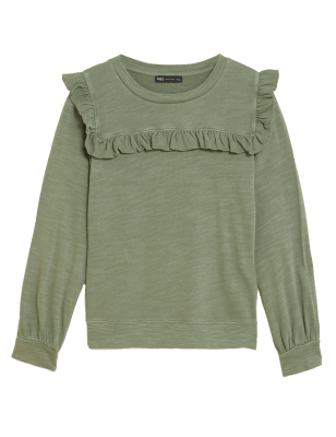 

Womens M&S Collection Sweatshirt aus reiner Baumwolle mit Rüschendetail - Onyx, Onyx