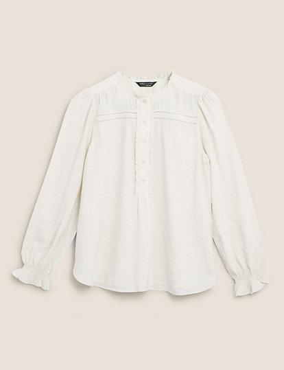 Textured Frill Detail Long Sleeve Blouse
