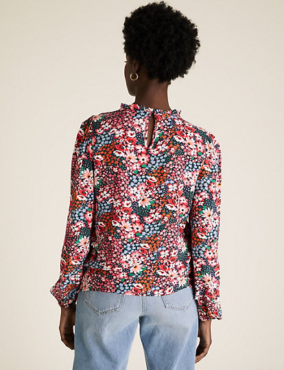 Floral Frill Neck Long Sleeve Top