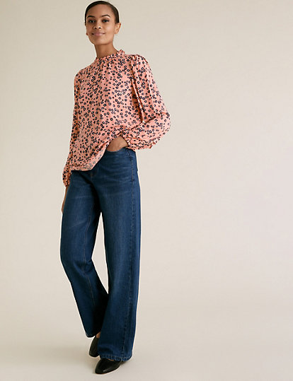 Ditsy Floral Frill Neck Long Sleeve Top