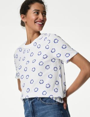 M&S Womens Pure Cotton Printed Everyday T-Shirt - 8 - White/Navy, White/Navy