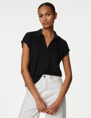 

Womens M&S Collection Textured Collared Top with Linen - Black, Black