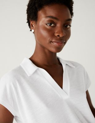 

Womens M&S Collection Textured Collared Top with Linen - White, White