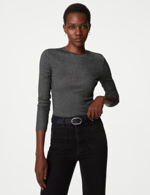 Cotton Ribbed Fitted Long Sleeve Top, M&S Collection