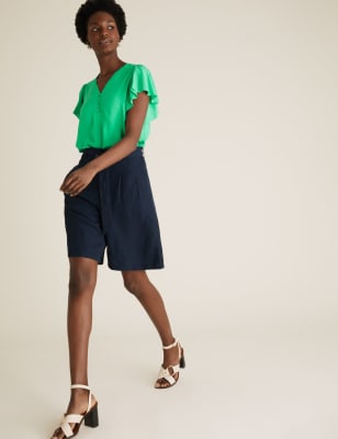 Top à manches anges, col en V et motif texturé - Green