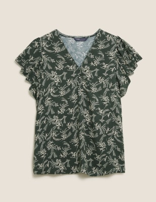 Top à manches anges, col en V et motif fleuri - Dark Green Mix