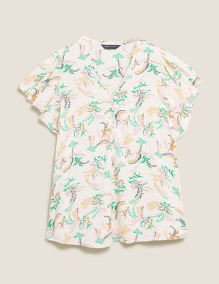 Top à manches anges, col en V et motif fleuri - Ivory Mix