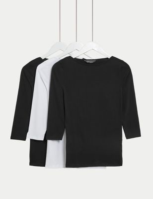 Marks And Spencer Womens M&S Collection 3pk Cotton Rich Slash Neck Fitted Tops - Black Mix, Black Mix