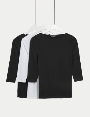 Marks And Spencer Womens M&S Collection 3pk Cotton Rich Slash Neck Fitted Tops - Black Mix, Black Mix