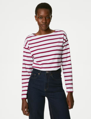 

Womens M&S Collection Pure Cotton Striped Top - Magenta Mix, Magenta Mix