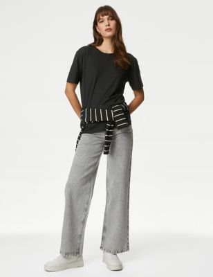 M&S Womens Cotton Modal Relaxed T-Shirt - 16 - Black, Black,Soft White