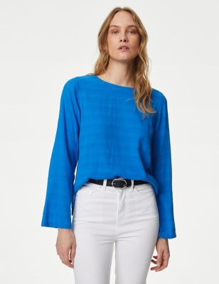 

Womens M&S Collection Textured Crew Neck Blouse - Bright Blue, Bright Blue