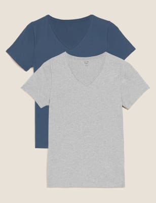 

Womens M&S Collection 2 Pack Cotton Rich Fitted Tops - Grey Blue, Grey Blue