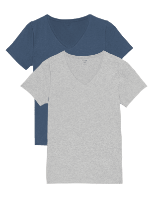 

Womens M&S Collection 2er-Pack eng anliegende Oberteile mit hohem Baumwollanteil - Grey Blue, Grey Blue