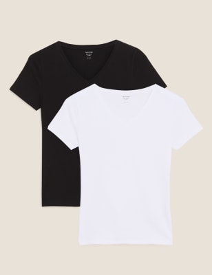 

Womens M&S Collection 2 Pack Cotton Rich Fitted Tops - White/Black, White/Black