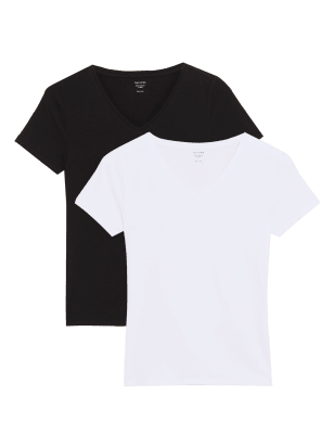 

Womens M&S Collection 2 Pack Cotton Rich Fitted Tops - White/Black, White/Black