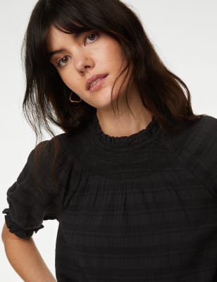 

Womens M&S Collection Gesmokte Bluse aus Baumwollmischgewebe mit Rundhalsausschnitt - Black, Black