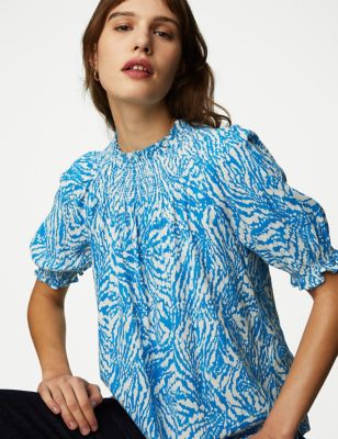 Cotton Blend Printed Smocked Blouse - NZ