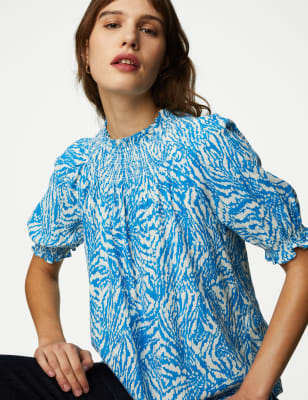 Cotton Blend Printed Smocked Blouse - FI