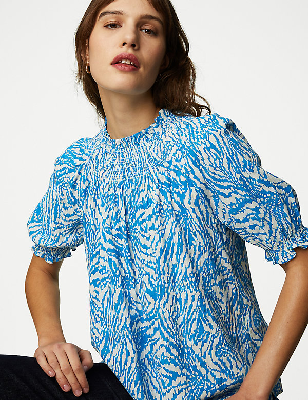 Gesmokte blouse van katoenmix met print - NL