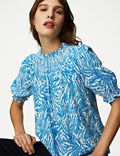 Gesmokte blouse van katoenmix met print