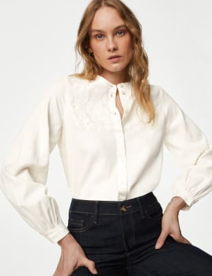 Marks & Spencer White Pure Cotton Embroidered Long Sleeve Blouse