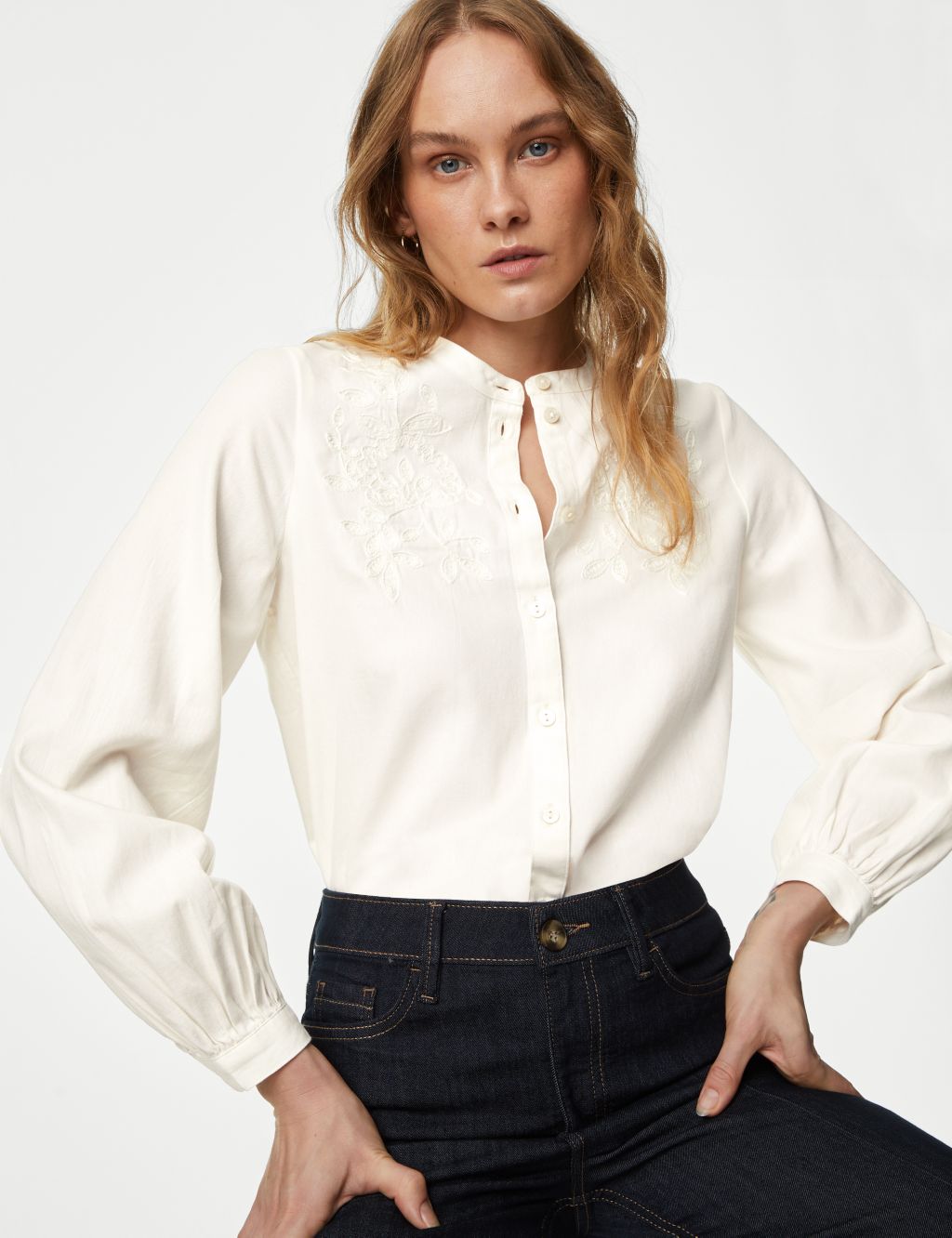 Pure Cotton Embroidered Button Through Blouse image 1